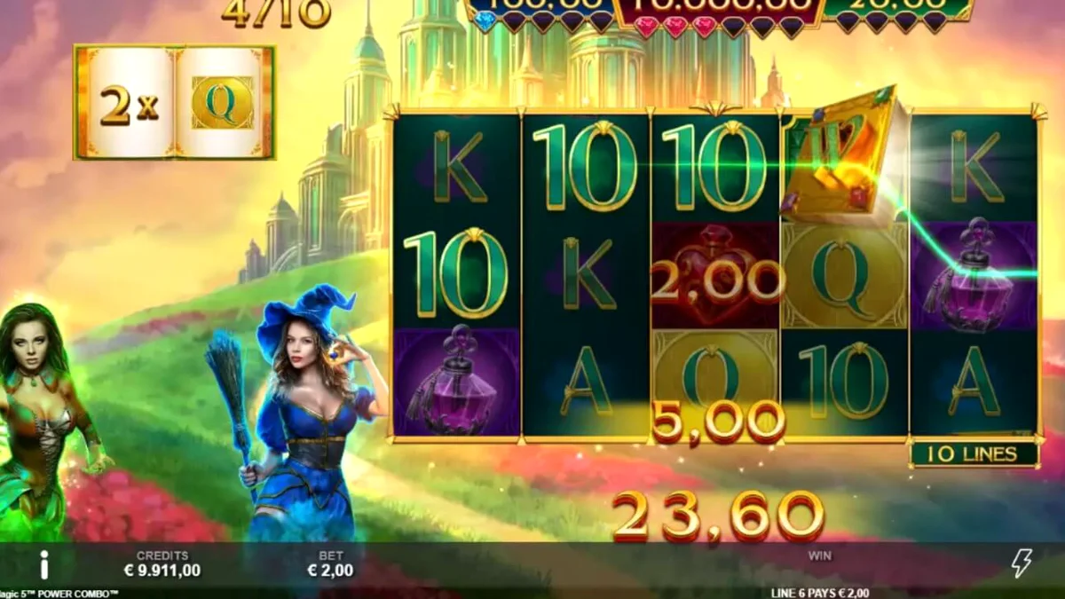 Cenário mágico do slot Book of Oz Magic 5 Power Combo com a Cidade das Esmeraldas ao fundo